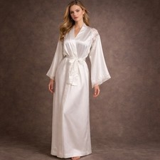 Natori Vintage White Cream Satin Robe Floral Lace Wedding Bridal Trousseau Large