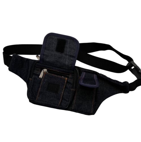 Vintage Bum Bag Dark Blue Denim Adjustable Clip Waistband Zip & Fastened Pockets - Picture 2 of 5