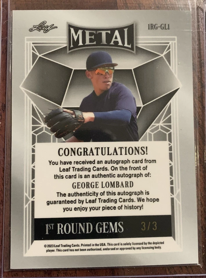 GEORGE LOMBARD 2023 Leaf Metal PINK PULSAR 1ST ROUND GEMS AUTO #'d 3/3 Yankees - Image 2 of 2