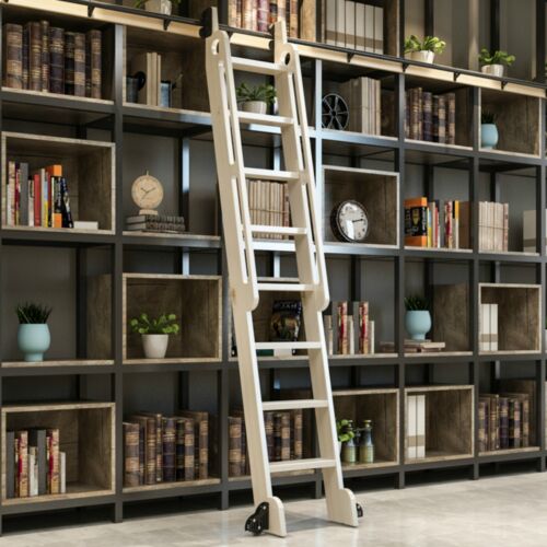 Natural Knotty Pine Wood Sliding Library Step Rolling Ladder With Arc Handrails - Picture 3 of 8