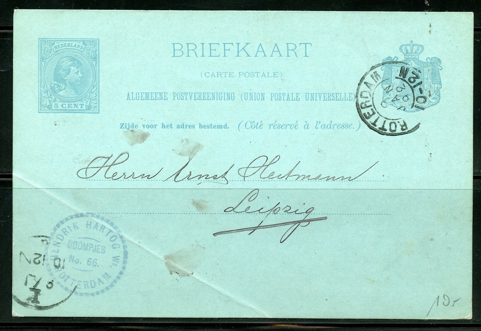 NETHERLANDS ROTTERDAM 1/8/1892 STATIONERY CARD TO LEIPZIG 1/9/1892 AS