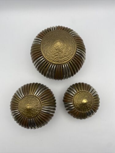 Vintage Midcentury Brass, Copper & Chrome Lidded Trinket Containers Set Of 3 - Picture 2 of 12