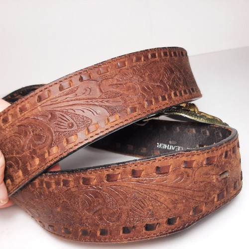 Nocona Western Belt Leather Tooled Floral Brown Size 38 Long Horn Bull Buckle - Picture 5 of 8