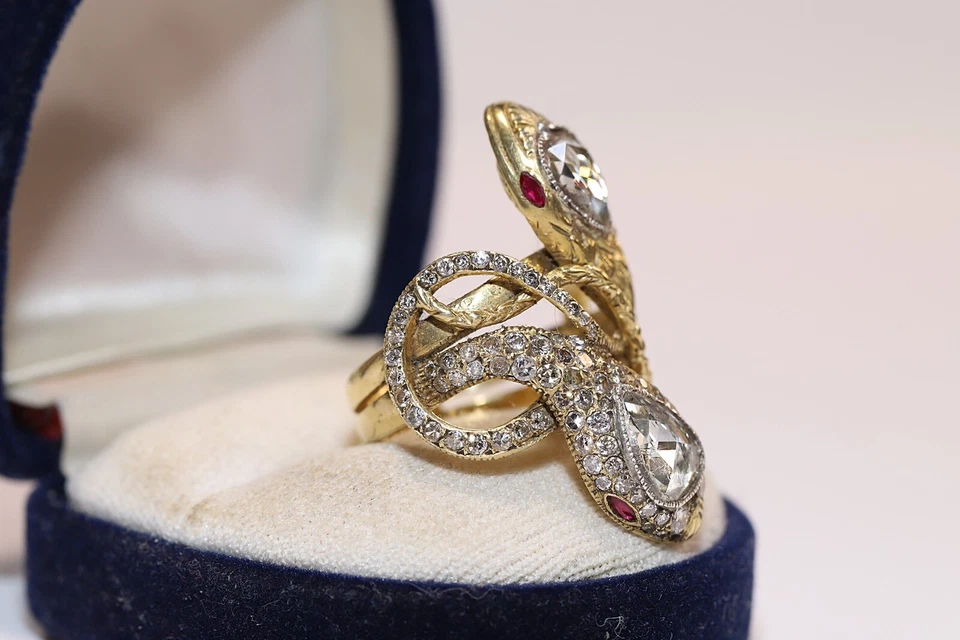 New Handmade 18k Gold Natural Diamond And Ruby Decorated Big Strong Snake Ring - Image 2 of 4