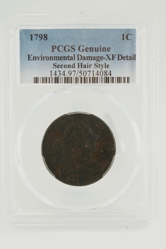 Segundo centavo grande de Estados Unidos 1798 estilo de cabello PCGS detalle XF genuino