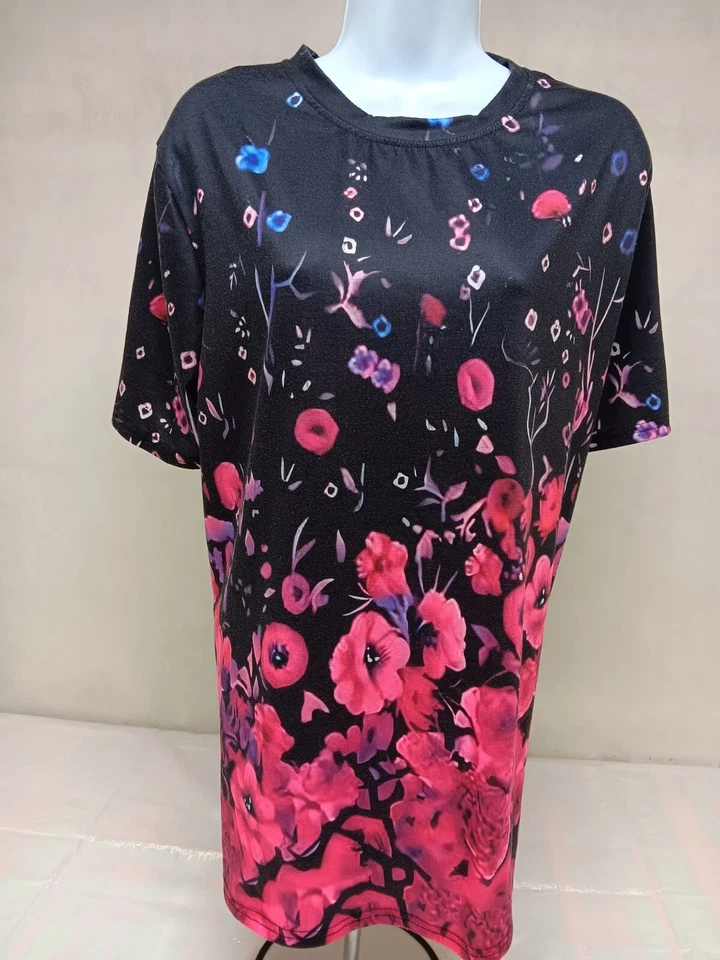 ЧЕРНЫЙ РОЗОВЫЙ ЦВЕТОЧНЫЙ ЖЕНЩИН 2 X КОРОТКИЙ РУКАВ ФУТБОЛКА ЭЛАСТИЧНОЙ - Изображение 2 из 4