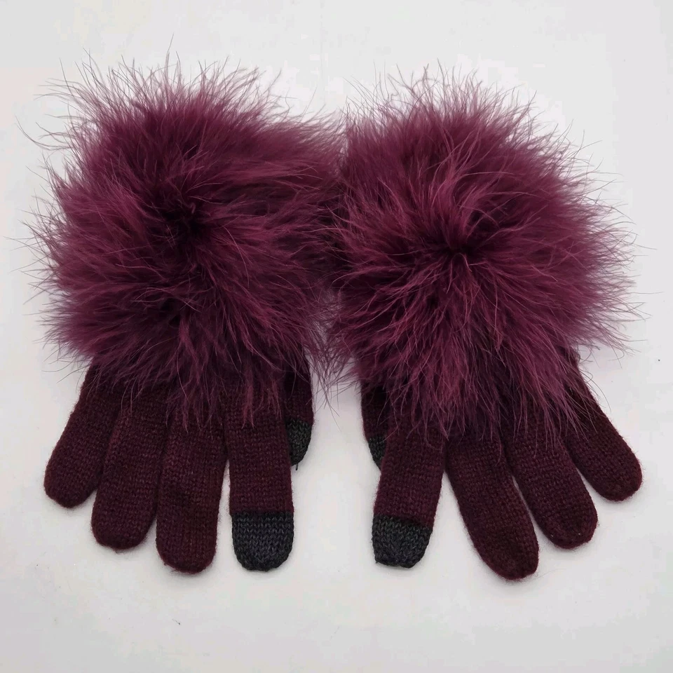 Guantes Kate Spade Pantalla Táctil Tejidos Piel de Zorro Pompones Burdeos Borgoña S/M Foto 4 de 4