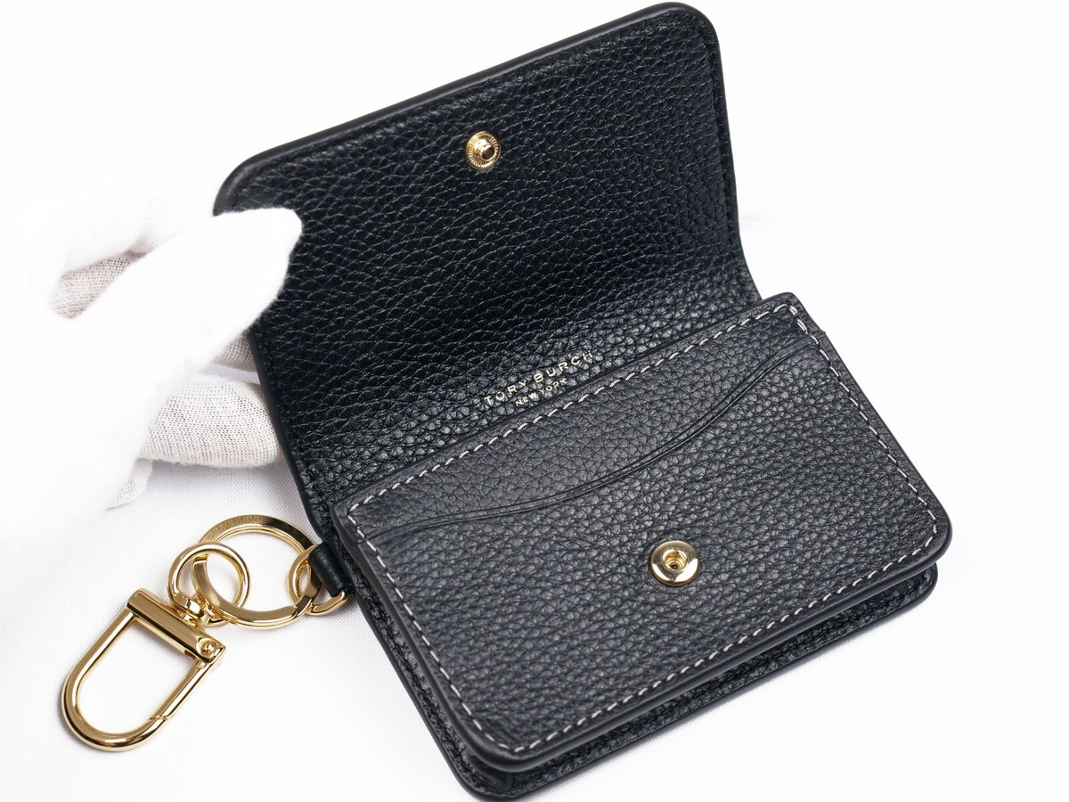 New Tory Burch Thea Black Flap Card Case Key Ring Coin Pouch