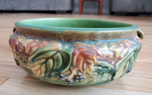 Roseville Pottery Double-Handled Blackberry Bowl Green 8" Wide - Free Shipping
