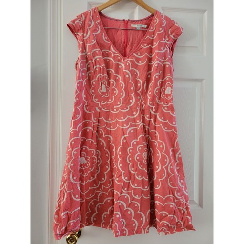 Boden Orange Coral Floral Print dress size 12 cotton with pockets Short Sleeve