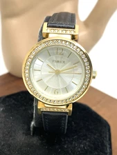Timex Women's Watch TW2W48900 Indiglo Quartz Gold Black Leather Strap 31mm