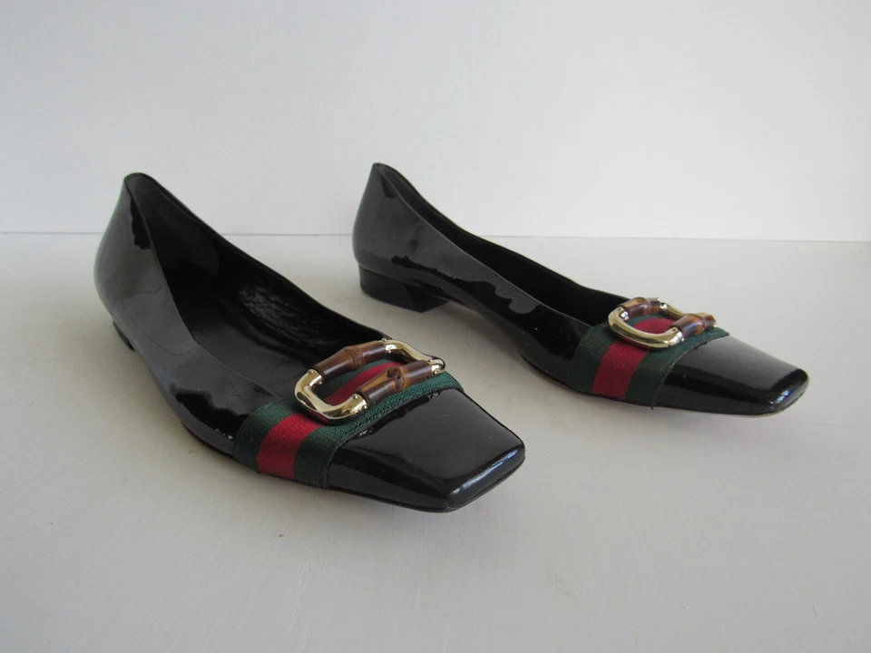 Gucci Vintage Mujer Negro Charol Web Rayas Pisos Talla 9.5 US-40 UE Foto 3 de 4
