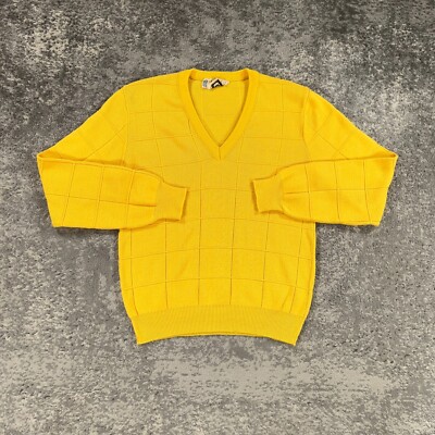 Vintage Fashion World Sweater Mens Medium Yellow Hertz Employee Uniform 70s 80s