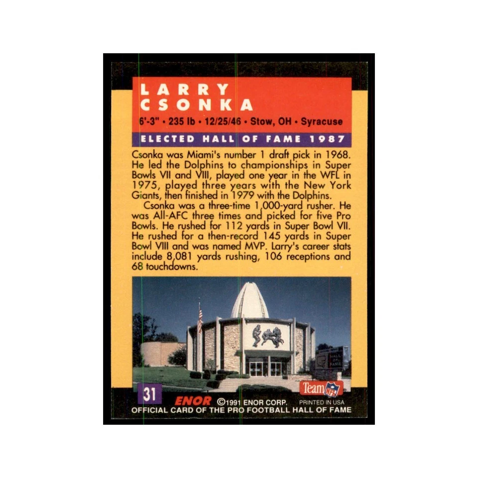 1991 ENOR Corp Larry Csonka Football Cards #31 - Image 2 of 3
