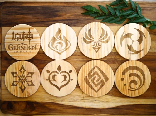 Genshin Impact Archon Wooden Coaster Set Elemental Inspired Gaming Gear