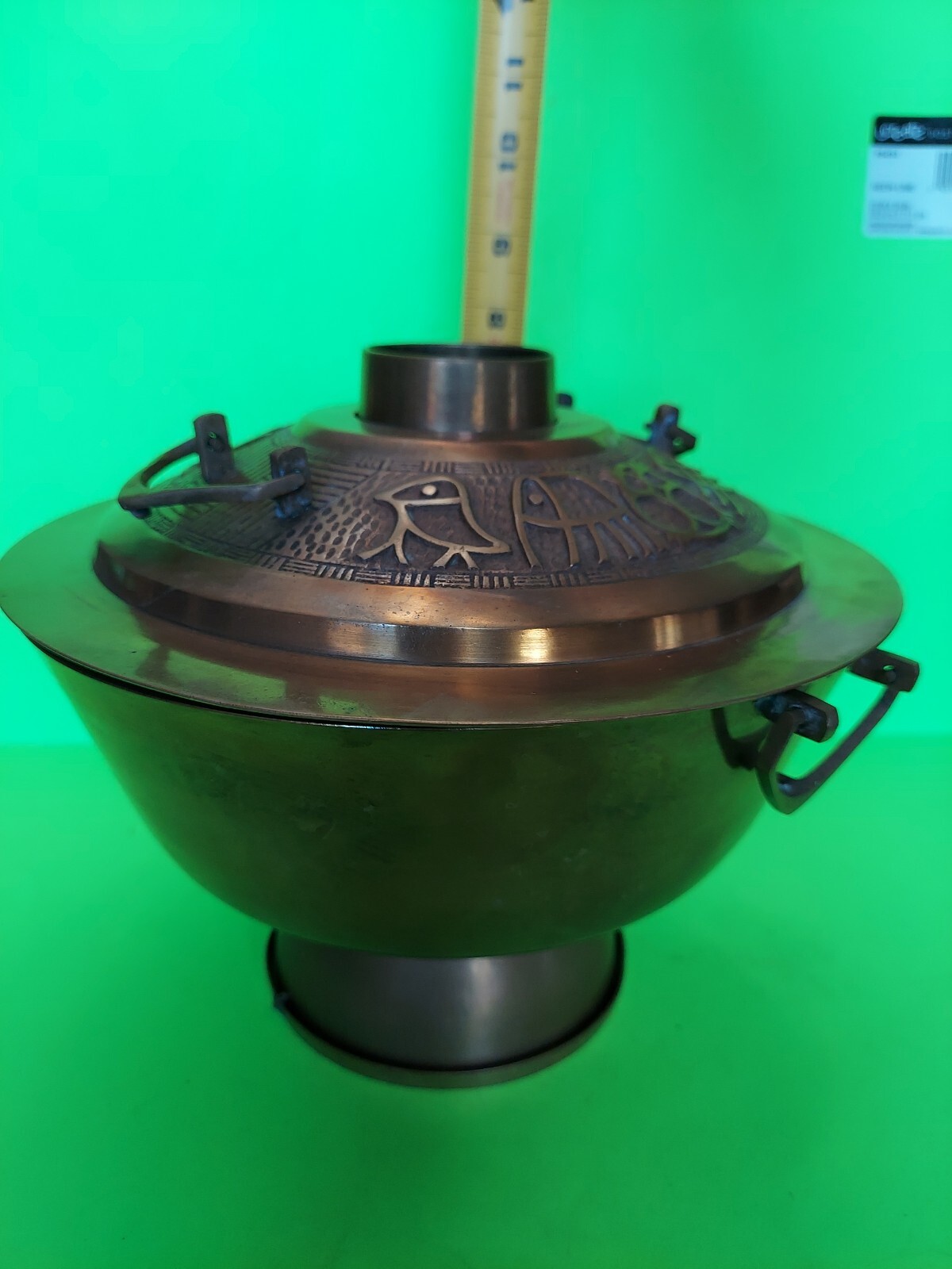Large Vintage Brass Korean Steamer Fire Hot Pot Cooker with Symbols