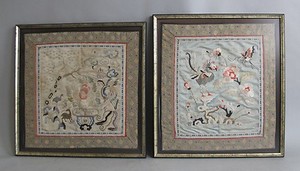 Pair of Large Framed ANTIQUE CHINESE Silk Embroideries w/ Flowers and Animals