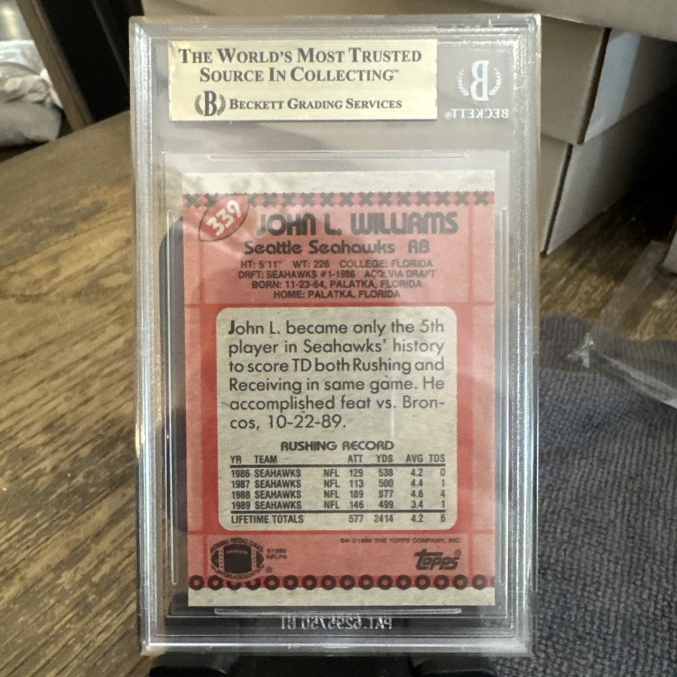 1990 Topps #339 John L. Williams Seahawks BGS 9.5 Gem Mint No disclaimer on back - Image 2 of 2