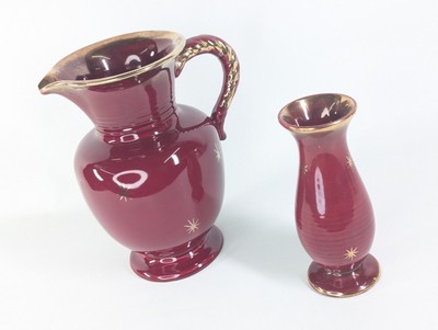 2x 50er Jahre Ubelacker Ü-Keramik West German Atomic Vase Krug Burgund Gold Sterne MCM