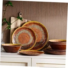  Melamine Dinnerware Set of 12Pcs, Dish Set for 4, Lightweight Rusty Brown