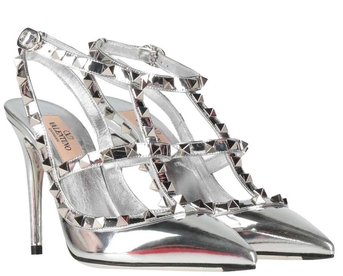 $1400 New Valentino Silver ROCKSTUD Ankle Strap Shoes Pumps