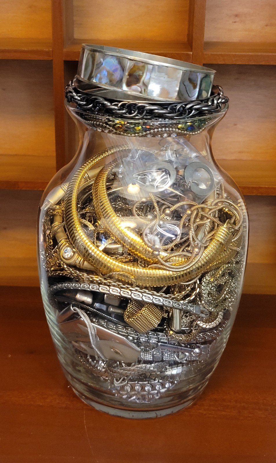 Mystery Jewelry Jar Vase Goldtone & Silvertone Mostly Vintage All Wearable