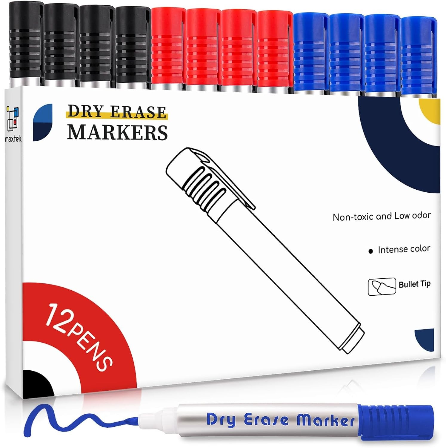 12pk Whiteboard Pens Dry Erase Markers Assorted Black Blue Red Bullet Tip