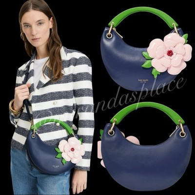 NWT Kate Spade Expo Floral 3D Flower Applique Small Blue Leather Top Handle Bag