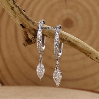 Solid 14K White Gold Moissanite Drop/Dangle Earrings F/VVS1 Marquise Cut 2.30 CT