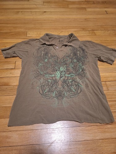Mens Small Affliction Jnco Style Stranded Graphic Polo Shirt Brown and Green - Picture 1 of 9