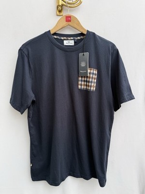 Aquascutum Active Club Check Pocket T Shirt Navy Cotton Casual Mens Large BNWT