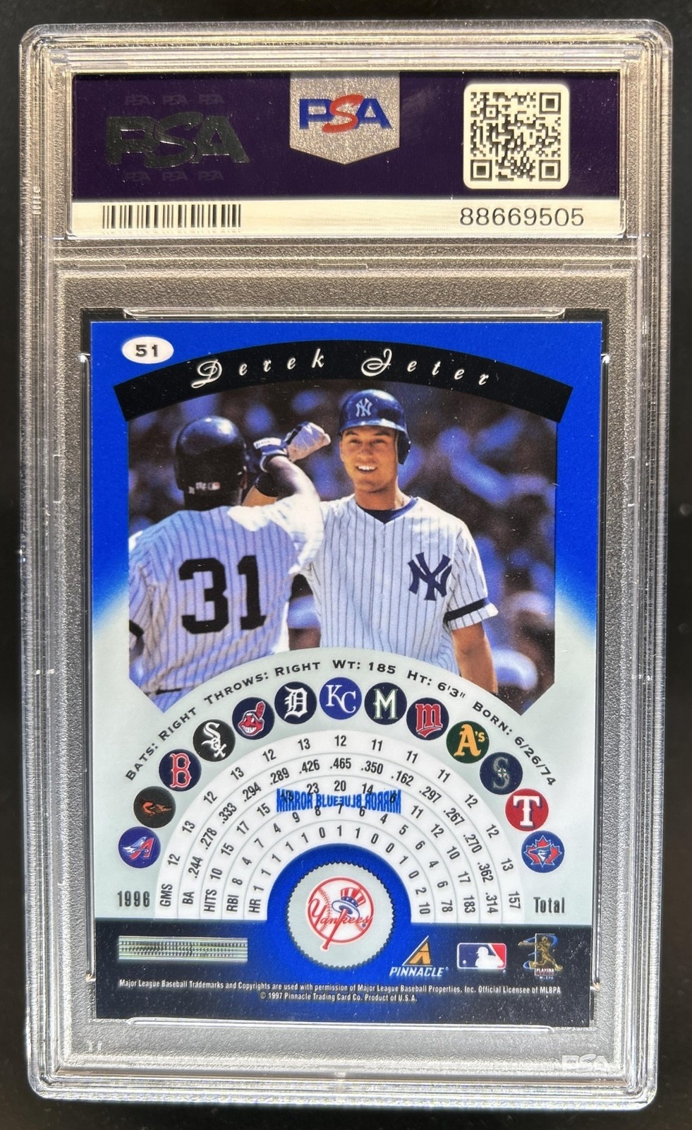 1997 Pinnacle Certified Derek Jeter Mirror Blue #51 New York Yankees PSA 8 view 2