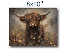 Moody Cow in Wildflowers print, Scottish Highland Cow Antique Wildflowers
