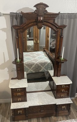Antique Victorian Walnut Marble Top Drop Center Dresser