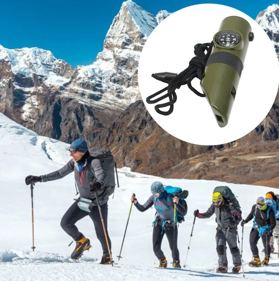 1pc 7-in-1 Jungle Survival Whistle Compass LED Thermometer Outdoor Tool - NEW