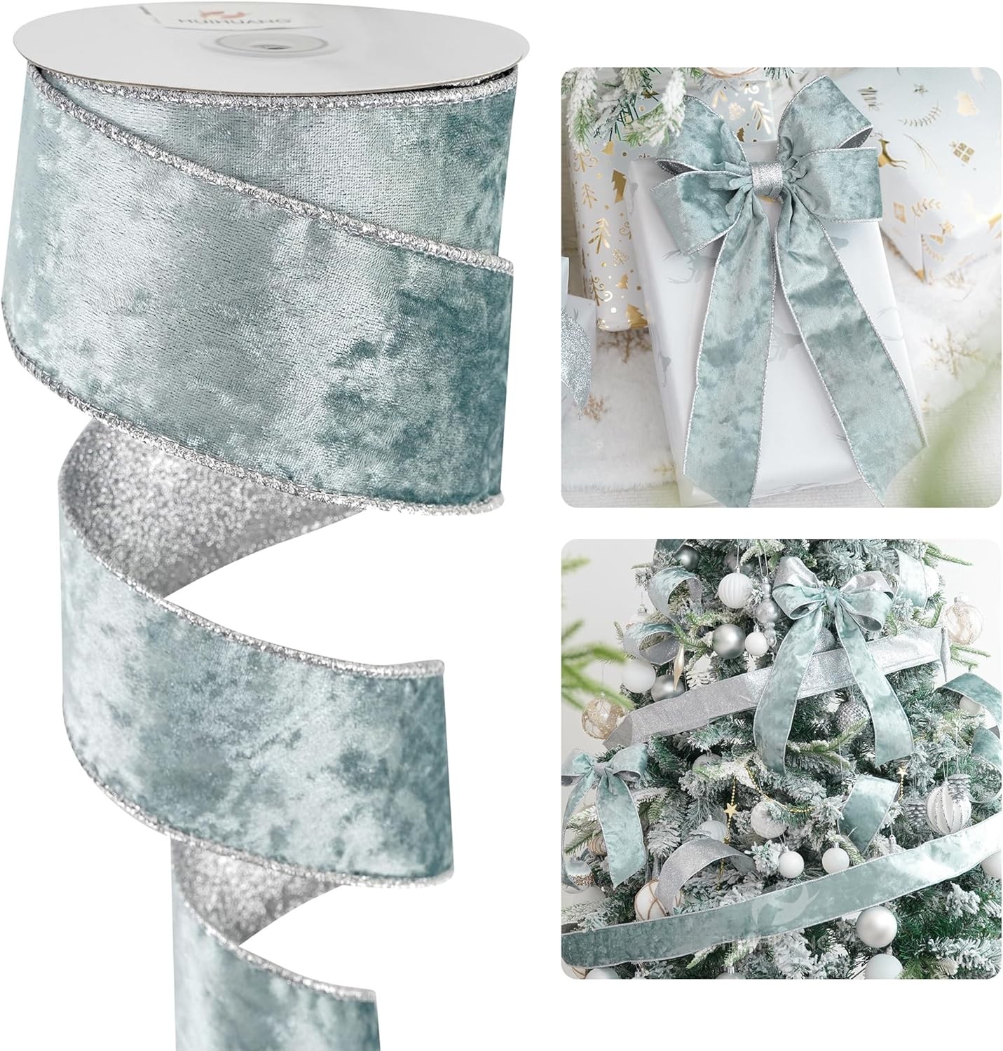 Blue Velvet Wired Ribbon 2.5 inch Dusty Blue Velvet with Glitter Silver Christma