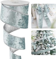 Blue Velvet Wired Ribbon 2.5 inch Dusty Blue Velvet with Glitter Silver Christma
