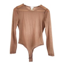 Sheer Tan Textured Mesh Bodysuit MED Longslee...