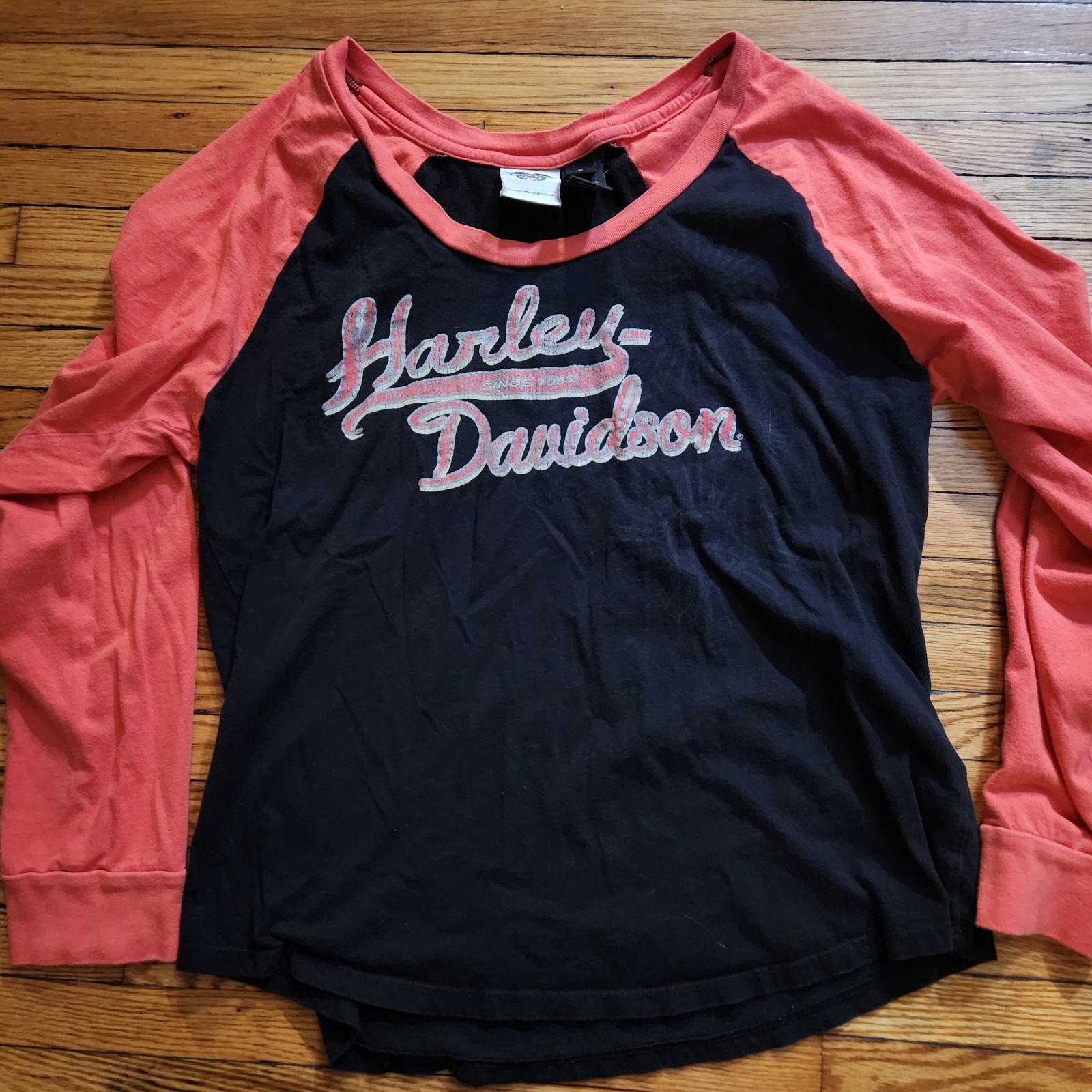 Harley-Davidson Women's Graphic Raglan Long Sleeve Tee Black Red Crew Neck L