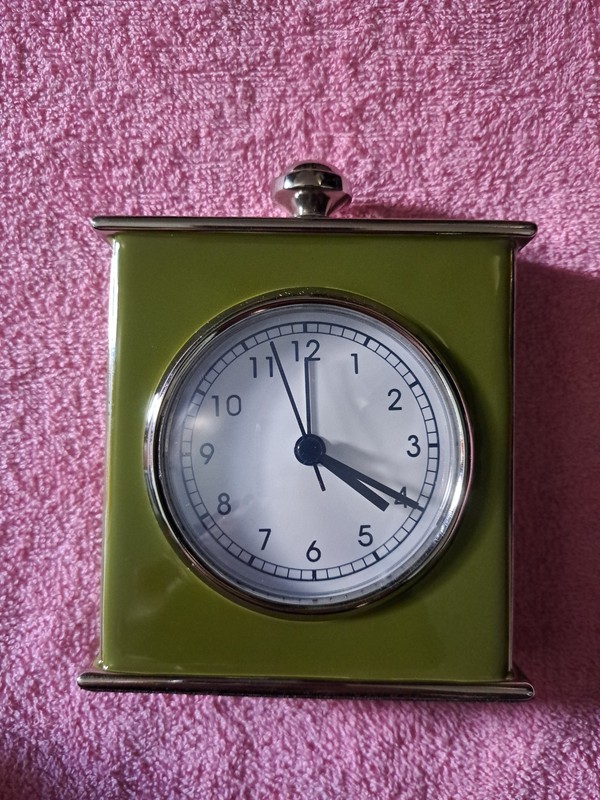 Pottery Barn Whiteface Analog Alarm Clock  Olive Green And Chrome Tested EUC