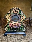 Vintage Tiffany Style Stained Glass Floral Lighted Mantel Clock 10”