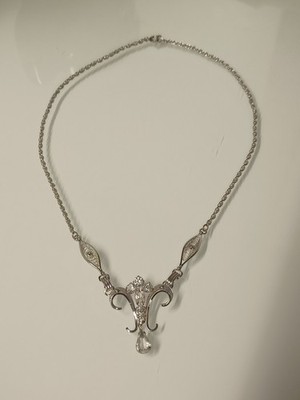 Vintage AmLee Crystal Filigree Sterling Silver Necklace Fleur-de-Lis 16.5''