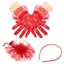 Fascinators Hat Clip Set with Hair Clip and Short Floral Lace Gloves Red