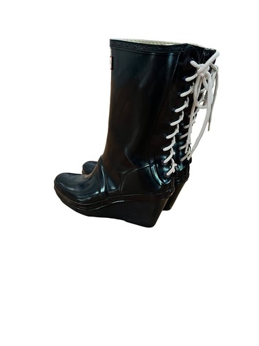 HUNTER Verbier Wedge Rain Boots Gloss Navy/Grey White Lace Up Back W23957 W7 - Picture 5 of 7