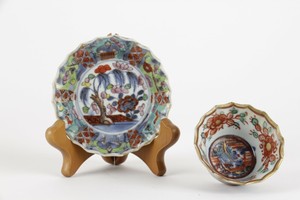 18th C Chinese cup and saucer Famille verte Kangxi swastica tea bowl marked