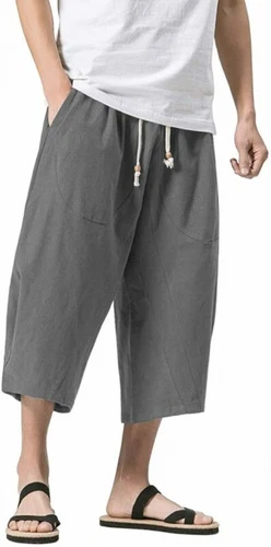 Pantalones capri holgados harén calce suelto cintura elástica 3/4 algodón lino para hombre - Imagen 7 de 24