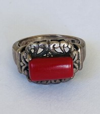 Vintage Sterling Silver Cutout Open Work Red Coral Scroll Ring Size 8