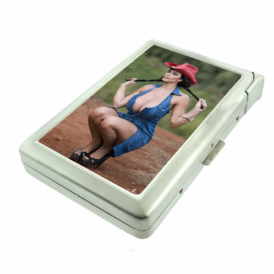Pin Up Cowgirls D12 Cigarette Case with Built in Lighter Metal Wallet 
