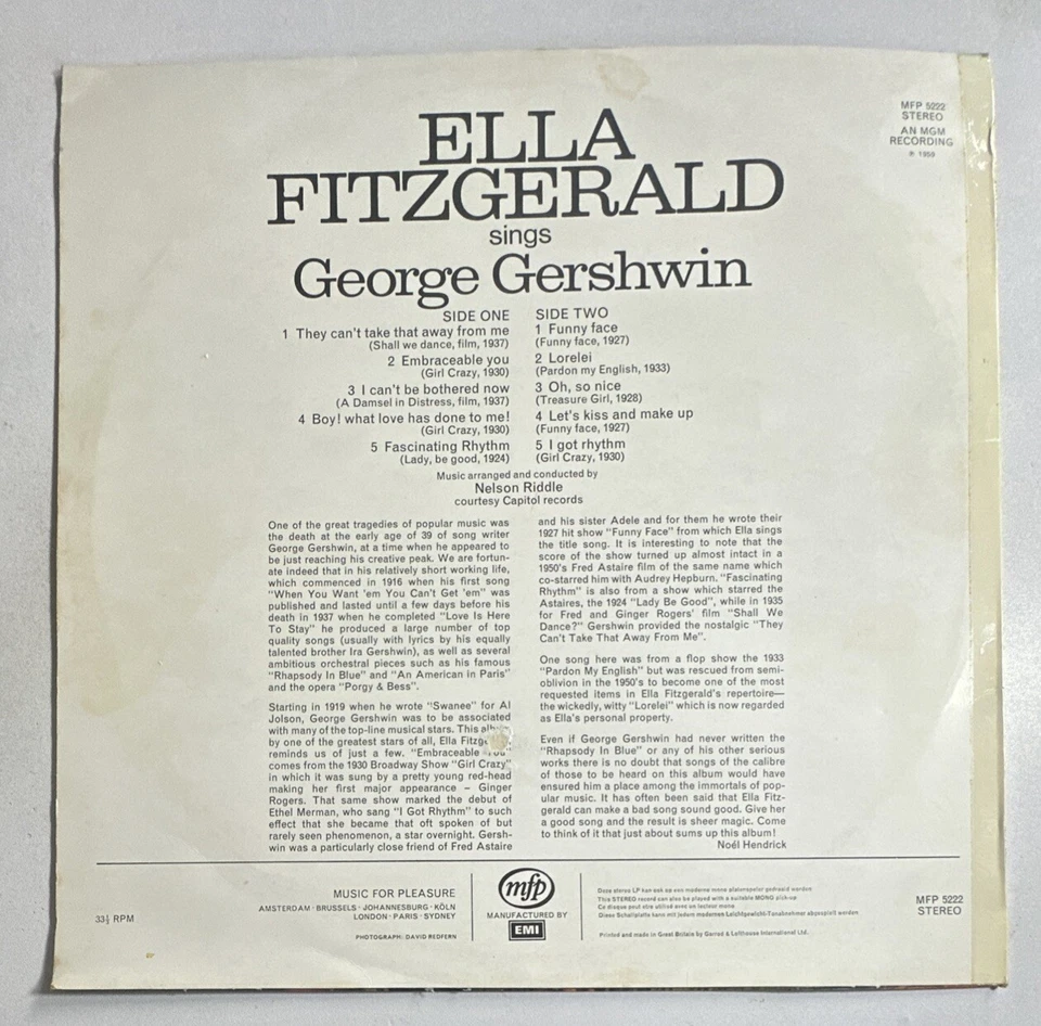 Ella Fitzgerald Sings George Gershwin Embraceable You  Vinyl LP Record EX/VG+ - Image 3 of 4