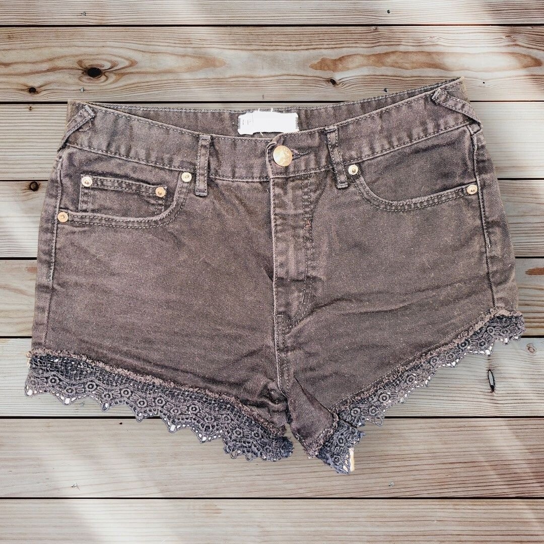 D6 Free People Jean Denim Shorts Cut Off Lace Black Grunge 28 High Rise